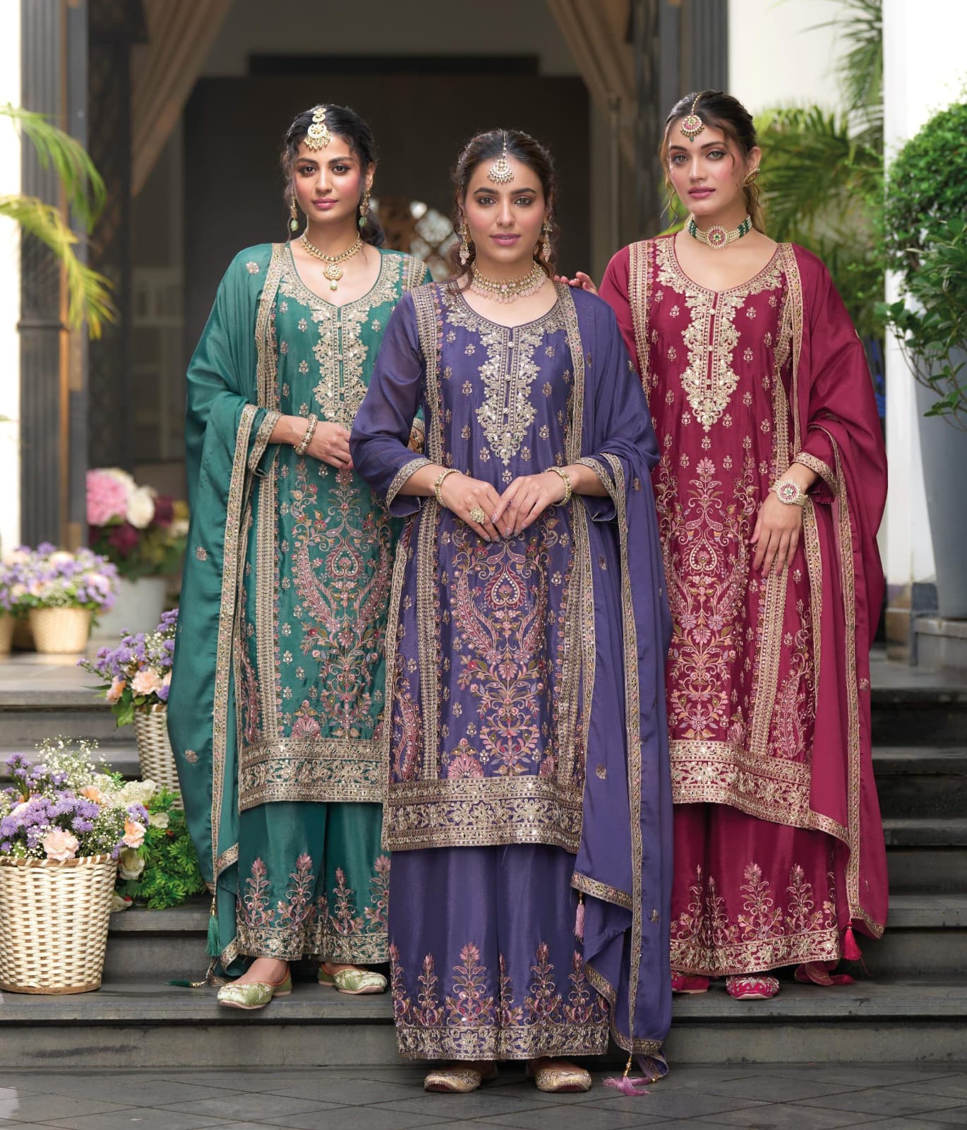 Front view of embroidered Chinon Silk kurta with matching pant and dupatta.
