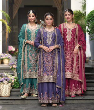 Front view of embroidered Chinon Silk kurta with matching pant and dupatta.
