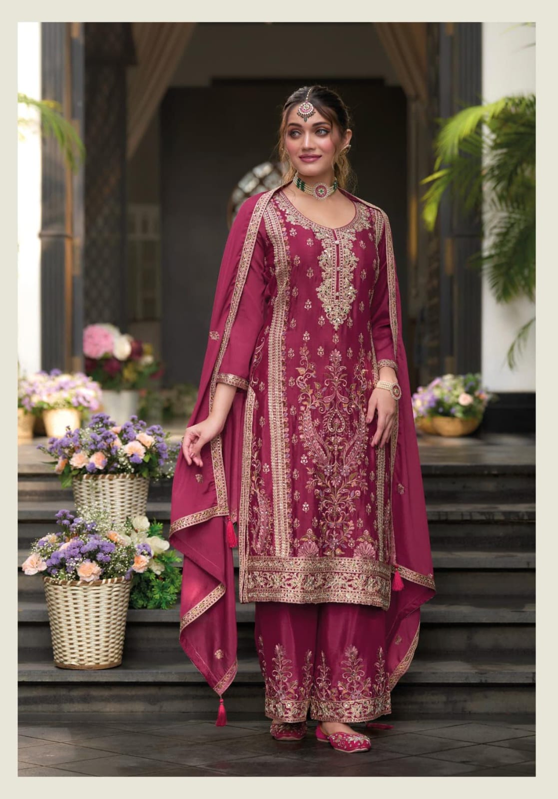 Front view of embroidered Chinon Silk kurta set with dupatta.
